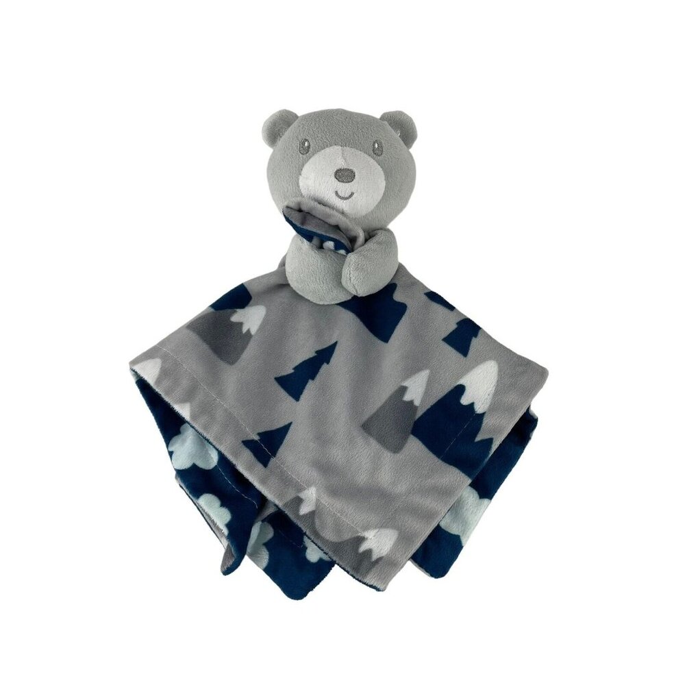Baby Essentials Grey Teddy Bear Lovey 14" Security Blanket Blue‎ Trees Clouds